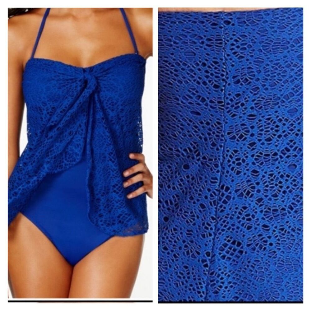 NWT Lauren Ralph Lauren Blue Crochet Flyaway One Piece Swimsuit Size 6 New
